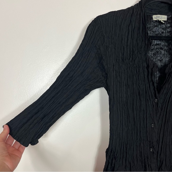 Alquema Crinkle Dress Size 1 (6 8 10) Midi 3/4 Sleeve Button Black - Picture 4 of 12